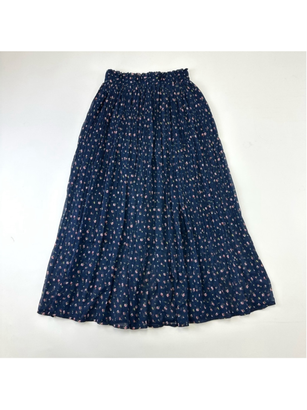 Oak + Fort navy ditzy floral skirt pleated Aline stretch waist midi XS feminine